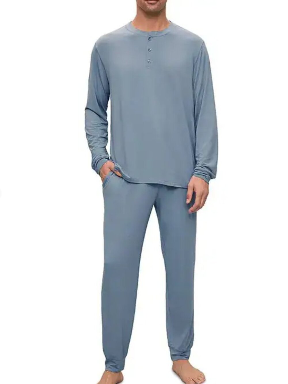 Eberjey Pajama Set Mens Large Faded Denim Blue Henry Henley Long Sleeve NEW